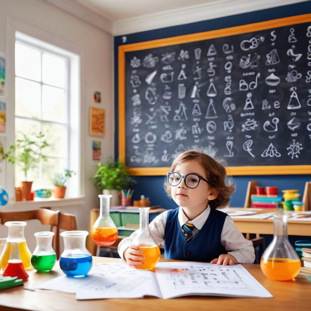 A whimsical classroom scene filled with swirling letters 'A' floating in the air, as a curious child experiments with various colorful objects that represent science concepts. A chalkboard in the background showcases complex formulas and diagrams related to repetition in nature. Bright colors and playful elements convey a sense of exploration and magic. cartoonish style. vibrant colors. white background.