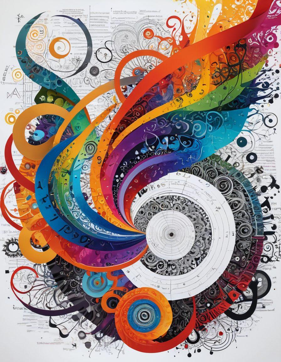A surreal collage depicting the intricate relationship between art and science, featuring spirals of text and patterns representing long repetitions, illustrated alongside vibrant abstract shapes, and an artist's palette spilling colorful hues onto a page filled with mathematical equations. super-realistic. vibrant colors. white background.